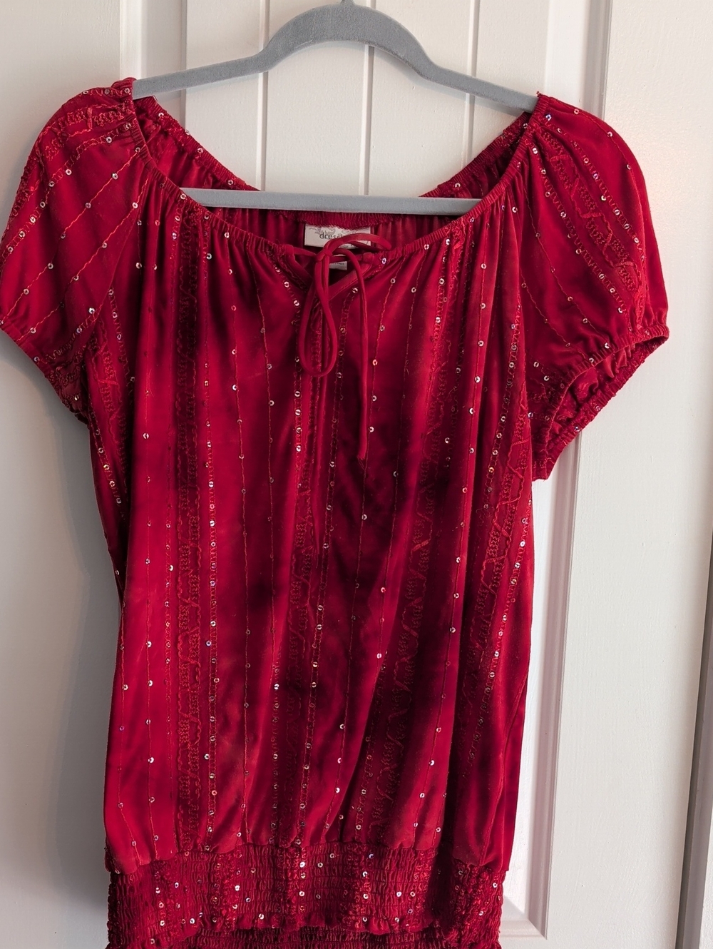 dressbarn Red Velvet Sequin Short Sleeve Tie-Neck Top